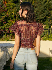 Floral Mesh Ruffle Trim V-neck Short Sleeve Blouse Mssza
