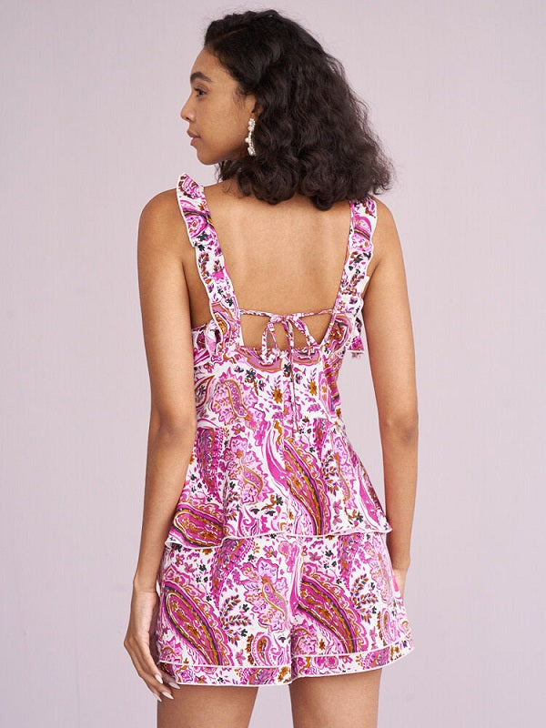 Floral Paisley Print Ruffle Tiered Deep V-neck Two Pieces Set Mssza