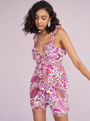 Floral Paisley Print Ruffle Tiered Deep V-neck Two Pieces Set Mssza