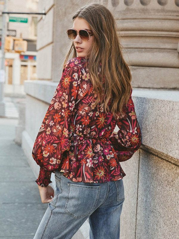 Floral Print Bohemian Long Sleeves Polyester Tops Mssza
