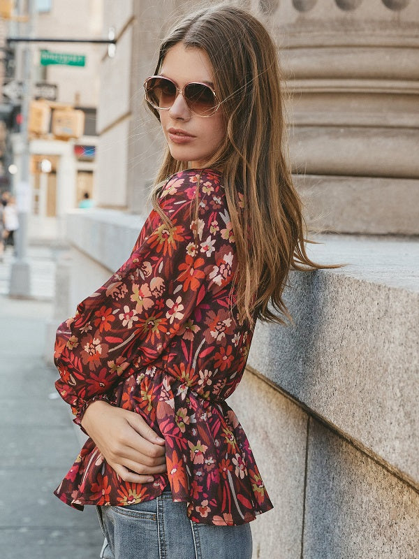 Floral Print Bohemian Long Sleeves Polyester Tops Mssza