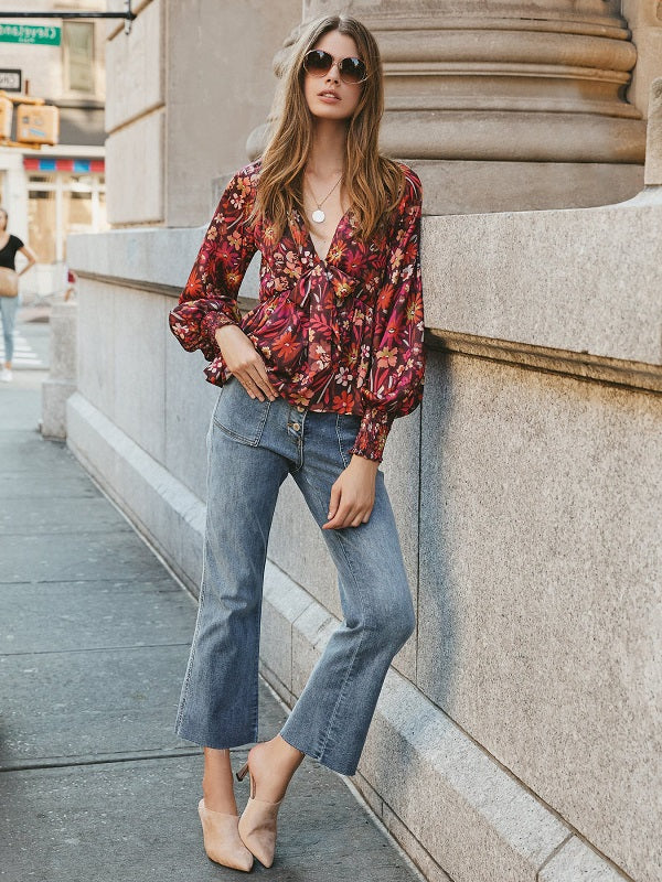 Floral Print Bohemian Long Sleeves Polyester Tops Mssza