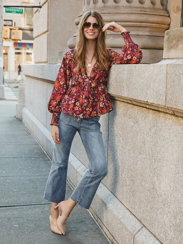 Floral Print Bohemian Long Sleeves Polyester Tops Mssza