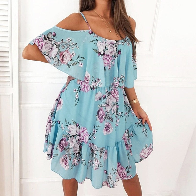 Backless Off Shoulder Floral Print Boho Beach Dress Mssaz Desses