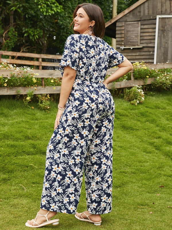 Floral Print Bowknot Short Sleeve Jumpsuit Mssza