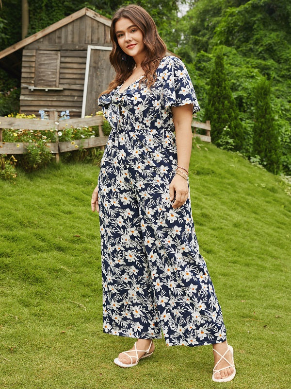 Floral Print Bowknot Short Sleeve Jumpsuit Mssza