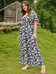 Floral Print Bowknot Short Sleeve Jumpsuit Mssza