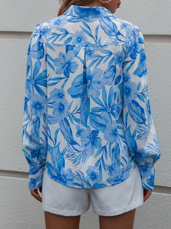 Floral Print Buttons Casual Long Sleeves Polyester Tops Mssza