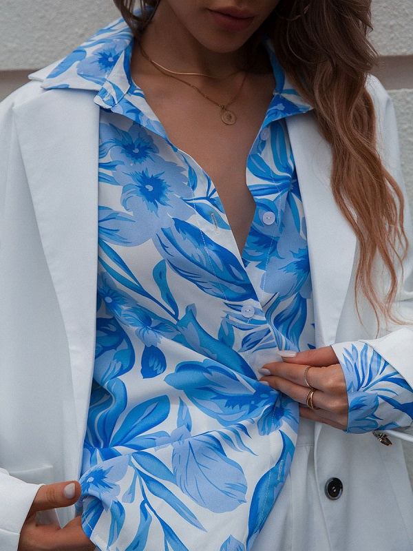 Floral Print Buttons Casual Long Sleeves Polyester Tops Mssza