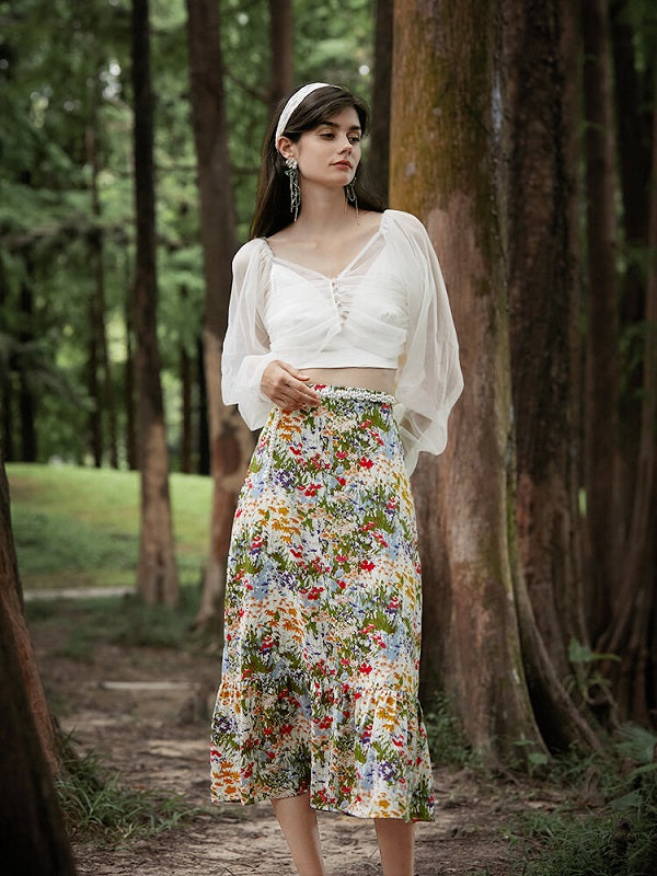 Floral Print Elastic Waist Midi Skirt Mssza