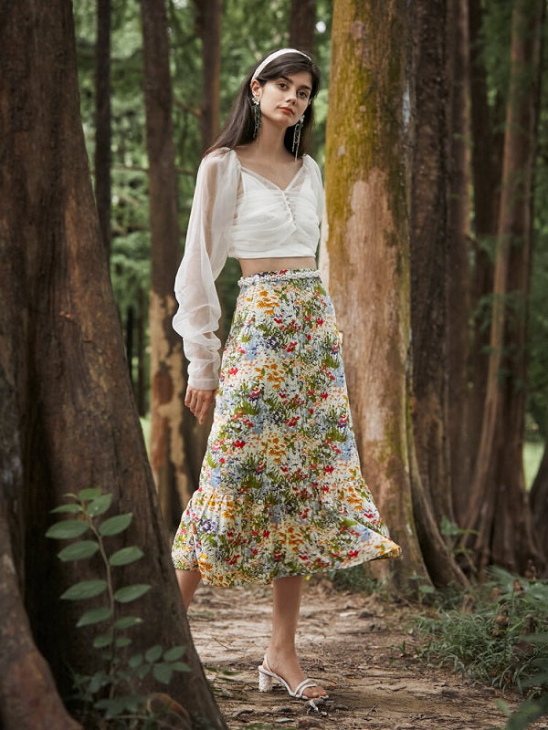 Floral Print Elastic Waist Midi Skirt Mssza