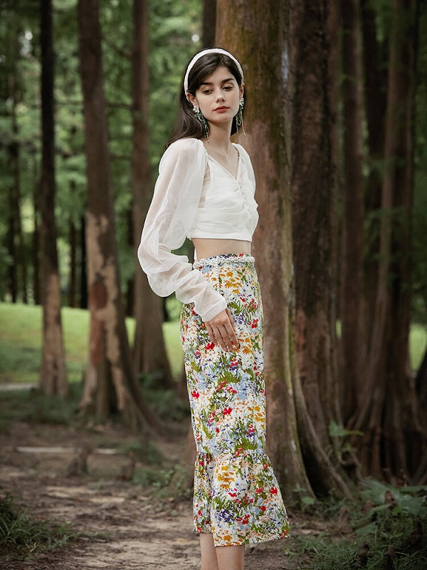 Floral Print Elastic Waist Midi Skirt Mssza