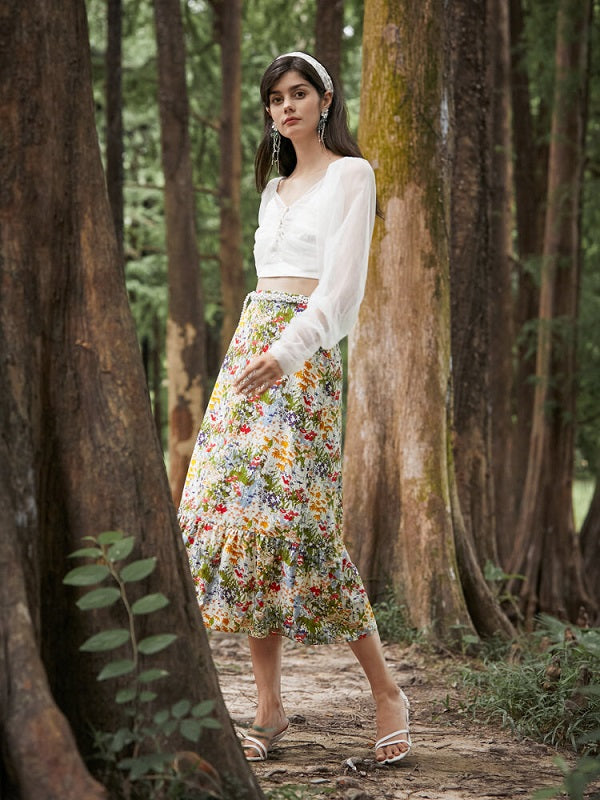 Floral Print Elastic Waist Midi Skirt Mssza