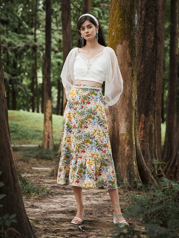Floral Print Elastic Waist Midi Skirt Mssza