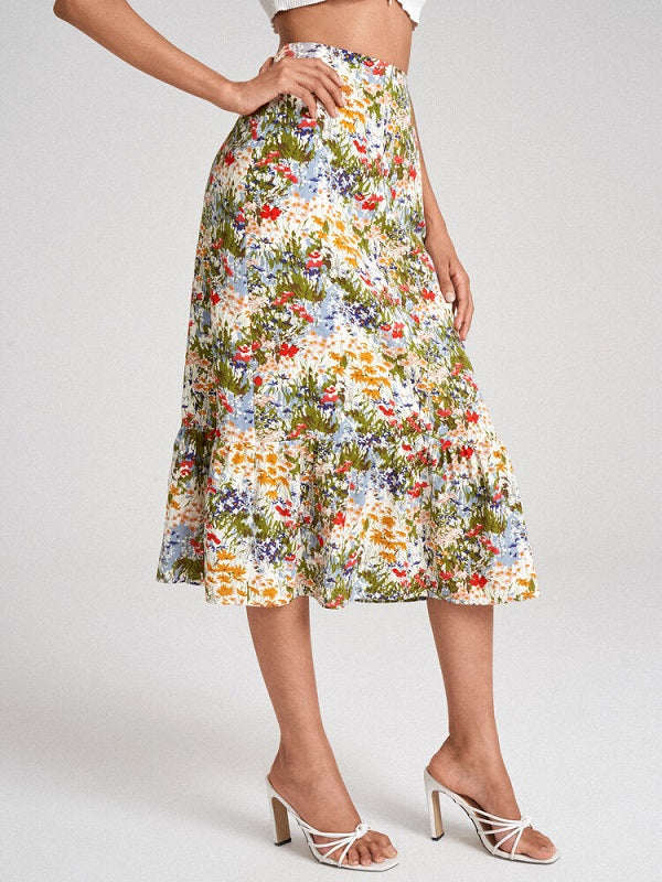 Floral Print Elastic Waist Midi Skirt Mssza