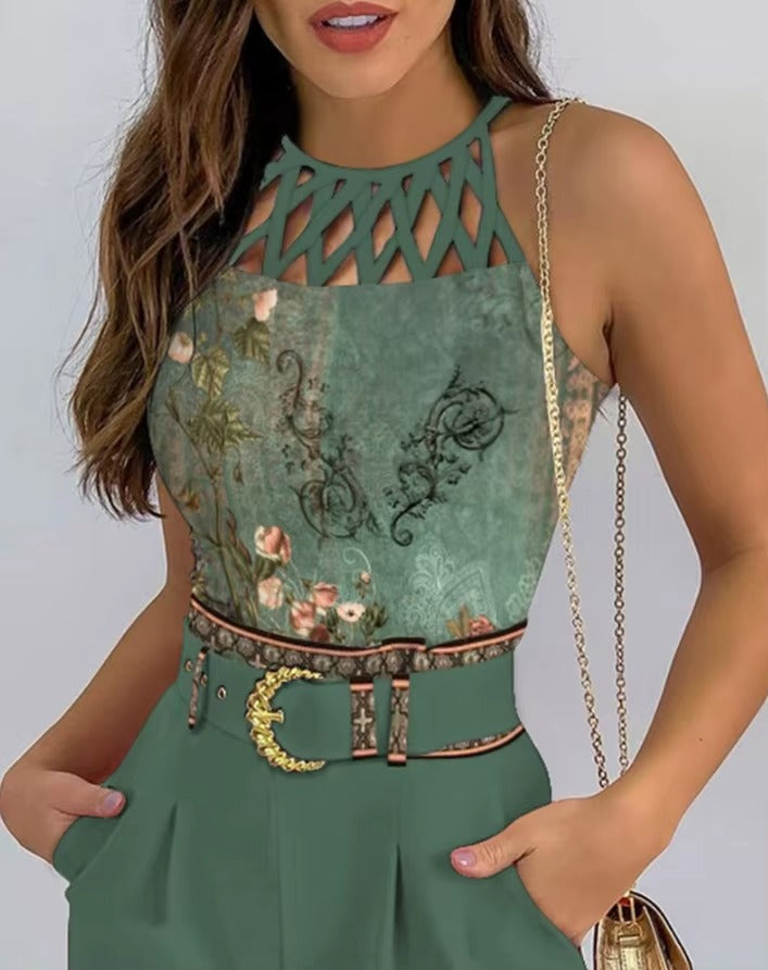 Floral Print Hollow Out Tank Top Pocket Shorts Beach Vacation Streetwear Two Piece Set Mssza