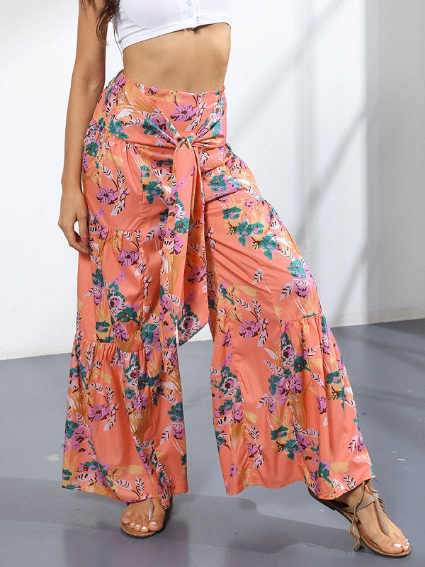Floral Print Lace Up Polyester Pants Trousers Mssza