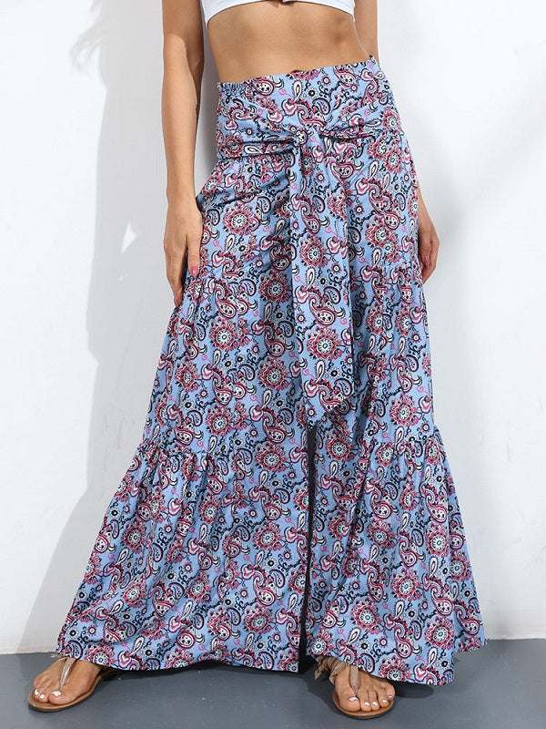 Floral Print Lace Up Polyester Pants Trousers Mssza
