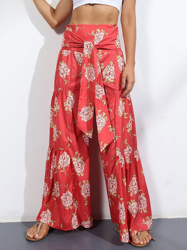 Floral Print Lace Up Polyester Pants Trousers Mssza