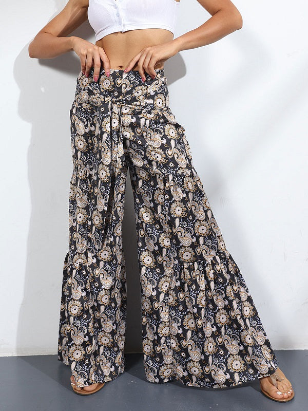 Floral Print Lace Up Polyester Pants Trousers Mssza