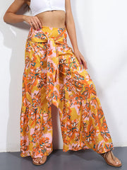Floral Print Lace Up Polyester Pants Trousers Mssza