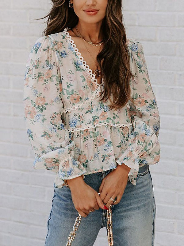 Floral Print Lantern Sleeve Hollow Trim Chiffon V-neck Blouse Mssza