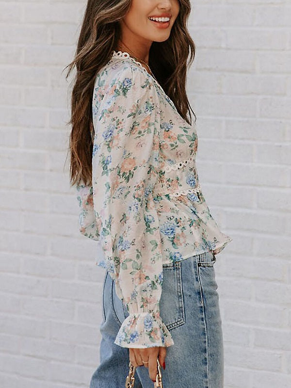 Floral Print Lantern Sleeve Hollow Trim Chiffon V-neck Blouse Mssza