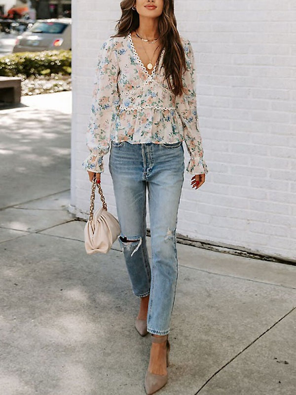 Floral Print Lantern Sleeve Hollow Trim Chiffon V-neck Blouse Mssza