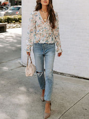 Floral Print Lantern Sleeve Hollow Trim Chiffon V-neck Blouse Mssza