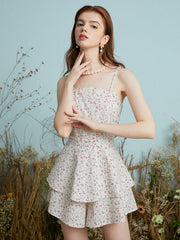 Floral Print Layered Open Back Knotted Adjustable Strap Jumpsuit Mssza