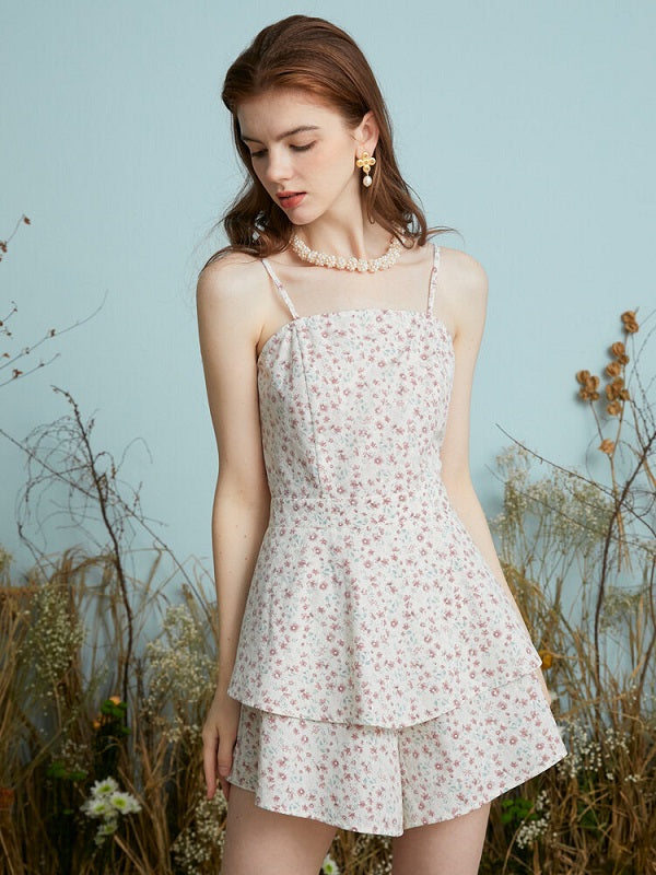 Floral Print Layered Open Back Knotted Adjustable Strap Jumpsuit Mssza