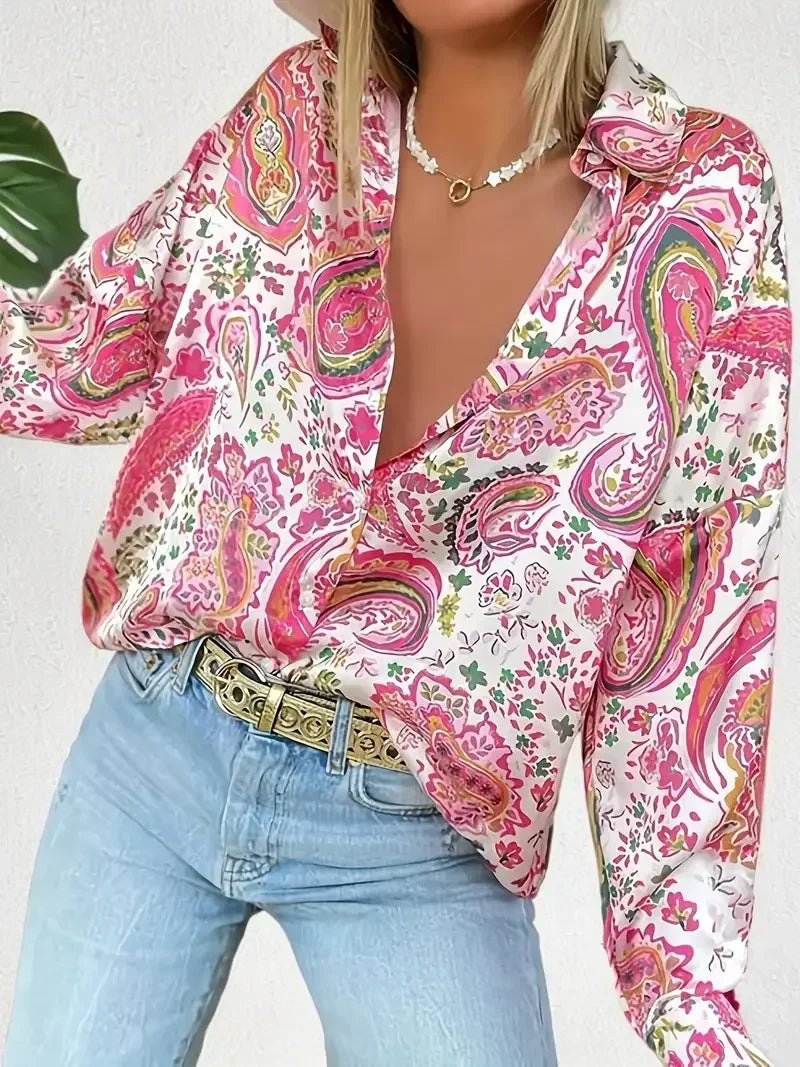 Floral Print Long Sleeve Casual Lapel Elegant Button Front Boho Shirt Blouse Mssza