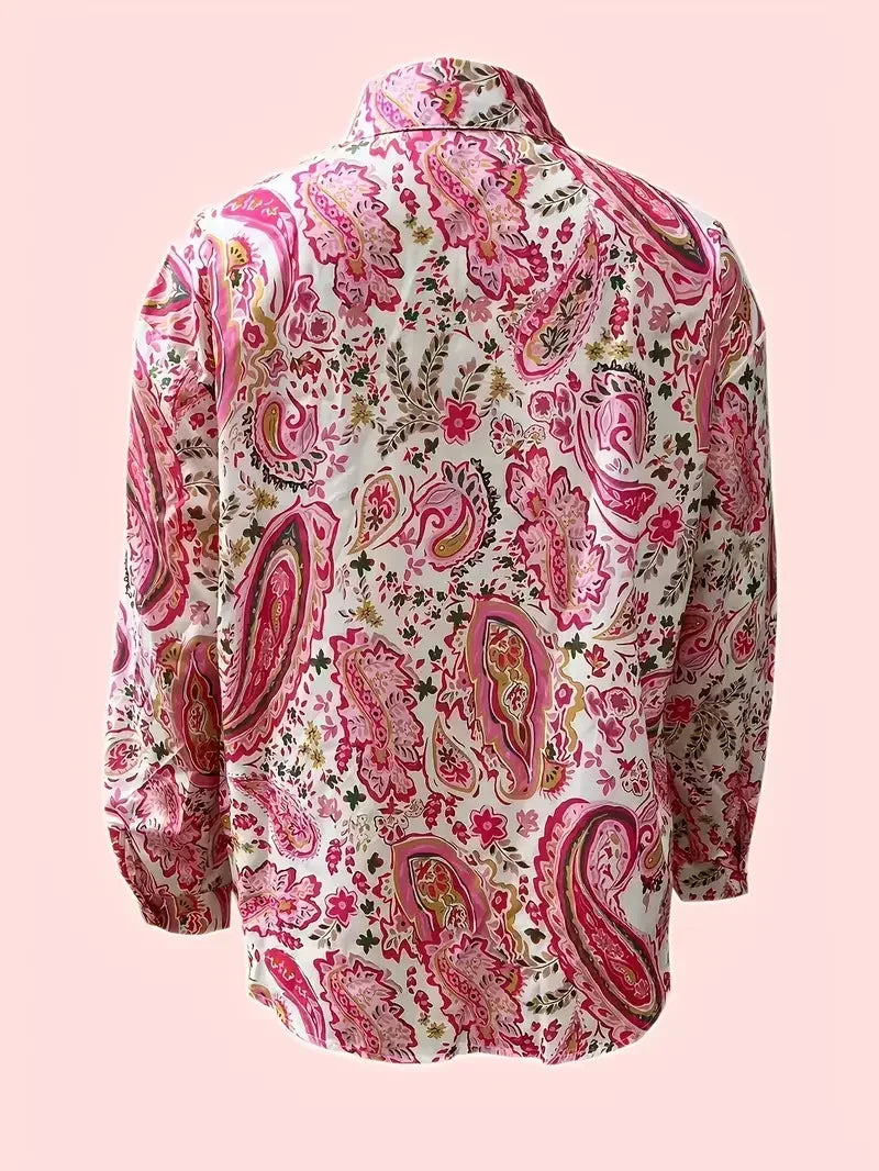 Floral Print Long Sleeve Casual Lapel Elegant Button Front Boho Shirt Blouse Mssza