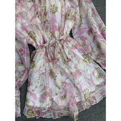 Floral Print Mesh Bow Sashes Elegant Rompers Playsuits Mssza