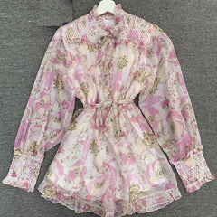 Floral Print Mesh Bow Sashes Elegant Rompers Playsuits Mssza