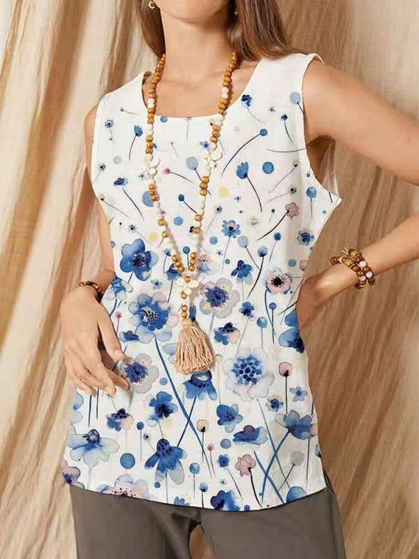 Floral Print O-neck Sleeveless Vintage Tank Top Mssza