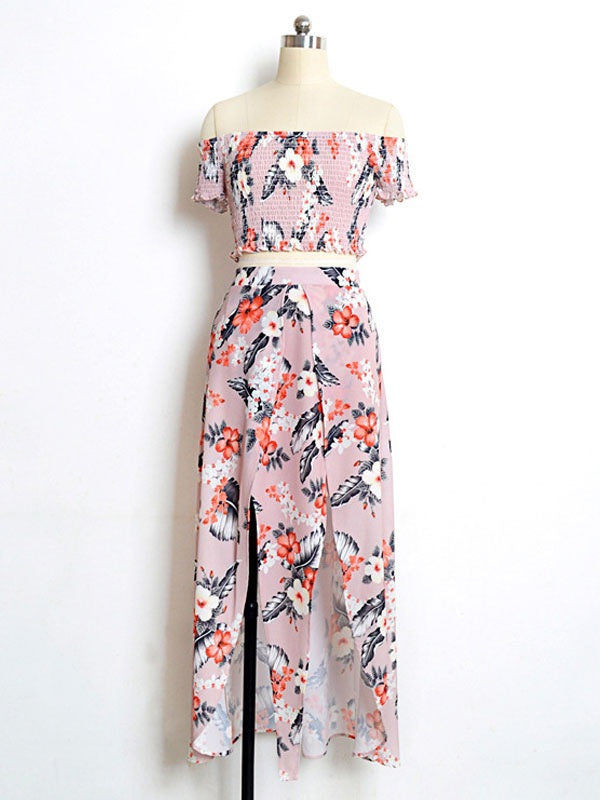 Floral Print Off The Shoulder Cropped Top With Split Dress Mssza