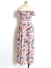 Floral Print Off The Shoulder Cropped Top With Split Dress Mssza