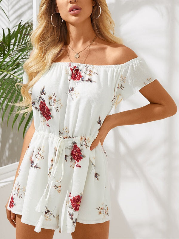 Floral Print  Short Sleeve Off-shoulder Casual Romper Mssza