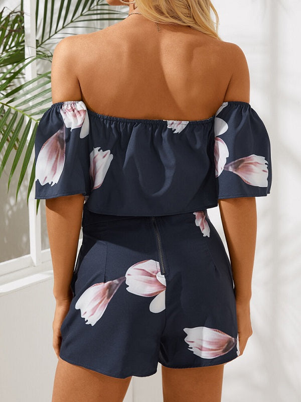 Floral Print Off Shoulder Short Sleeve Casual Romper Mssza