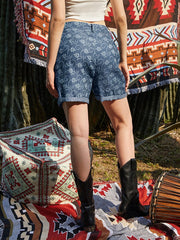 Floral Print Pocket Casual Denim Shorts Mssza