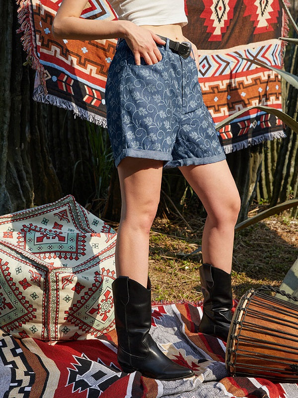 Floral Print Pocket Casual Denim Shorts Mssza