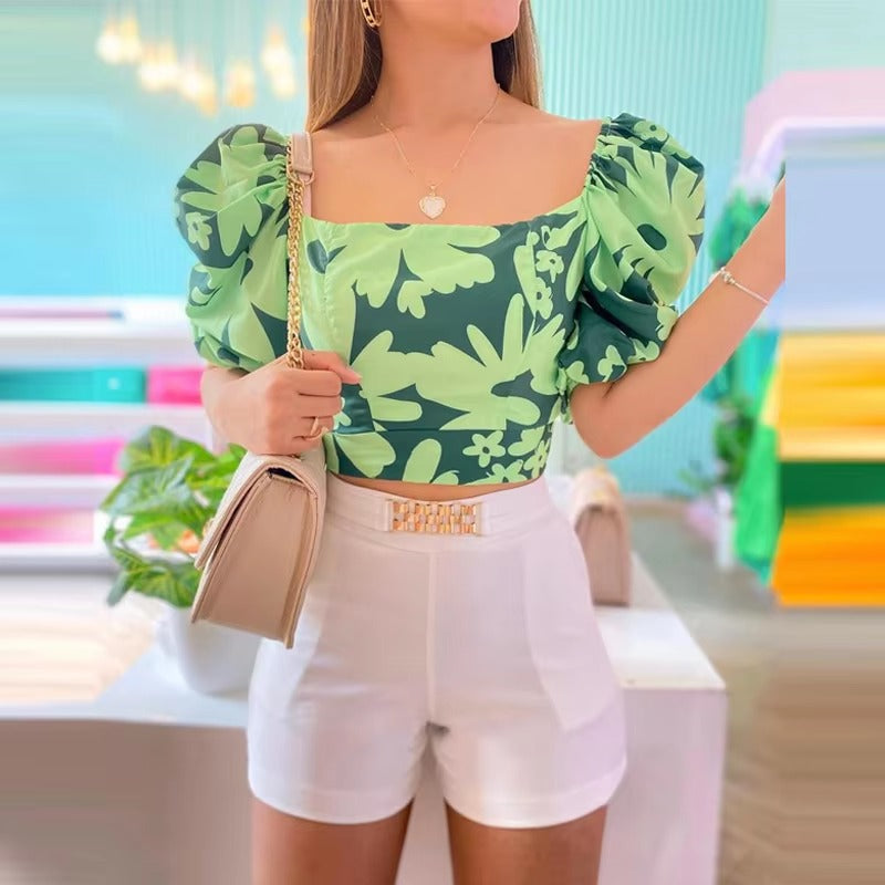 Elegant Floral Print Puff short Sleeve Crop Top Shorts Two-piece Sets Mssza