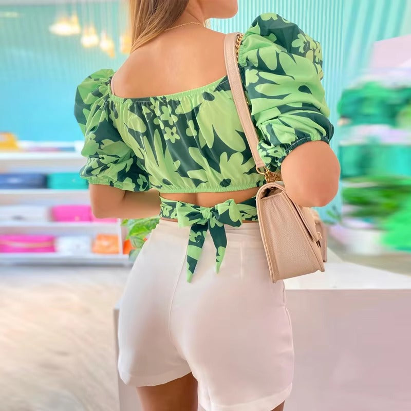Elegant Floral Print Puff short Sleeve Crop Top Shorts Two-piece Sets Mssza