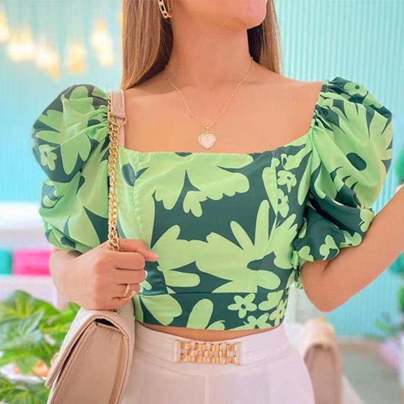Elegant Floral Print Puff short Sleeve Crop Top Shorts Two-piece Sets Mssza
