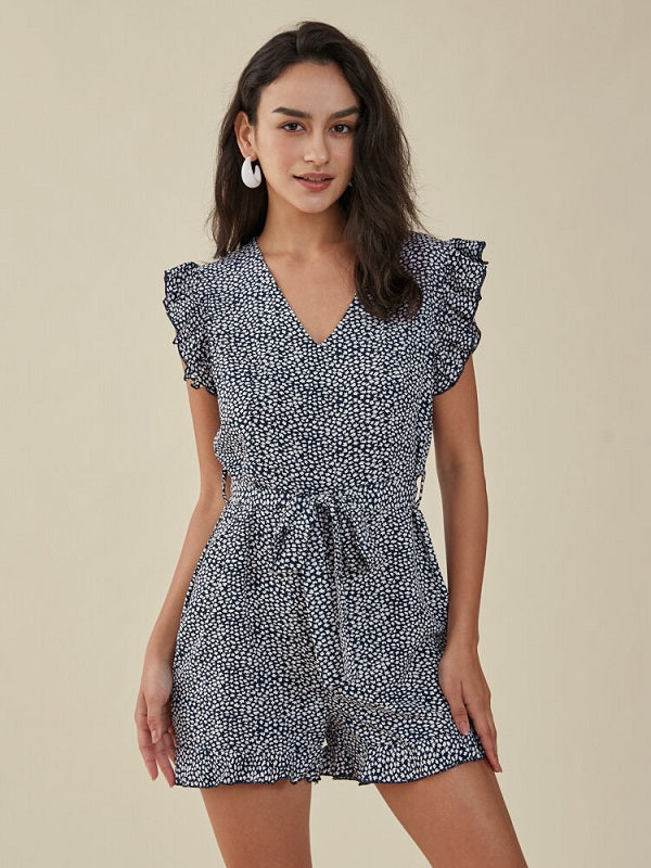 Floral Print Ruffle Knotted V-neck Romper Mssza