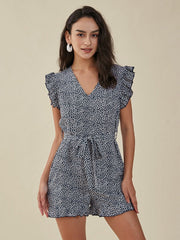 Floral Print Ruffle Knotted V-neck Romper Mssza