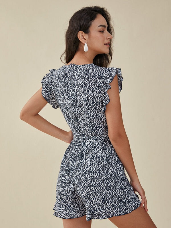 Floral Print Ruffle Knotted V-neck Romper Mssza