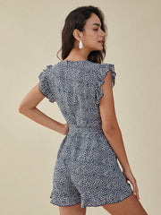 Floral Print Ruffle Knotted V-neck Romper Mssza