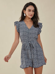 Floral Print Ruffle Knotted V-neck Romper Mssza